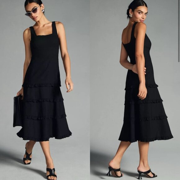 NWT Anthropologie Blythe Square Neck Tiered Ruffle A-line Midi Dress Black XXSP - Picture 2 of 14